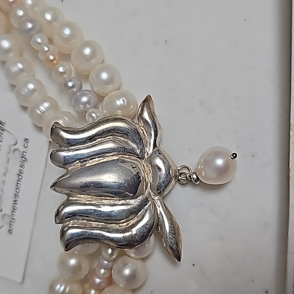 Freshwater pearl necklace with bracelet and earrings in 925 silver - Picture 5 of 5